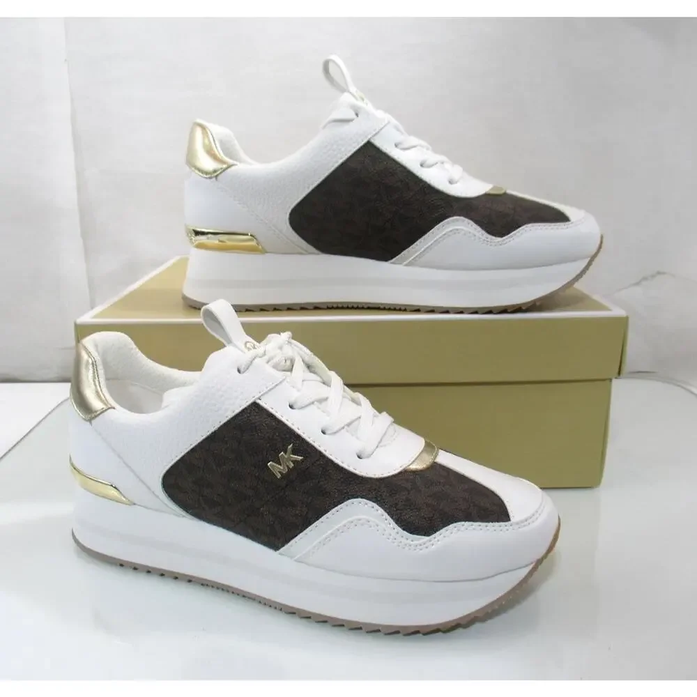 Michael Kors Raina Trainer Lace Up Sneakers MK Signature Brown White Size 7.5